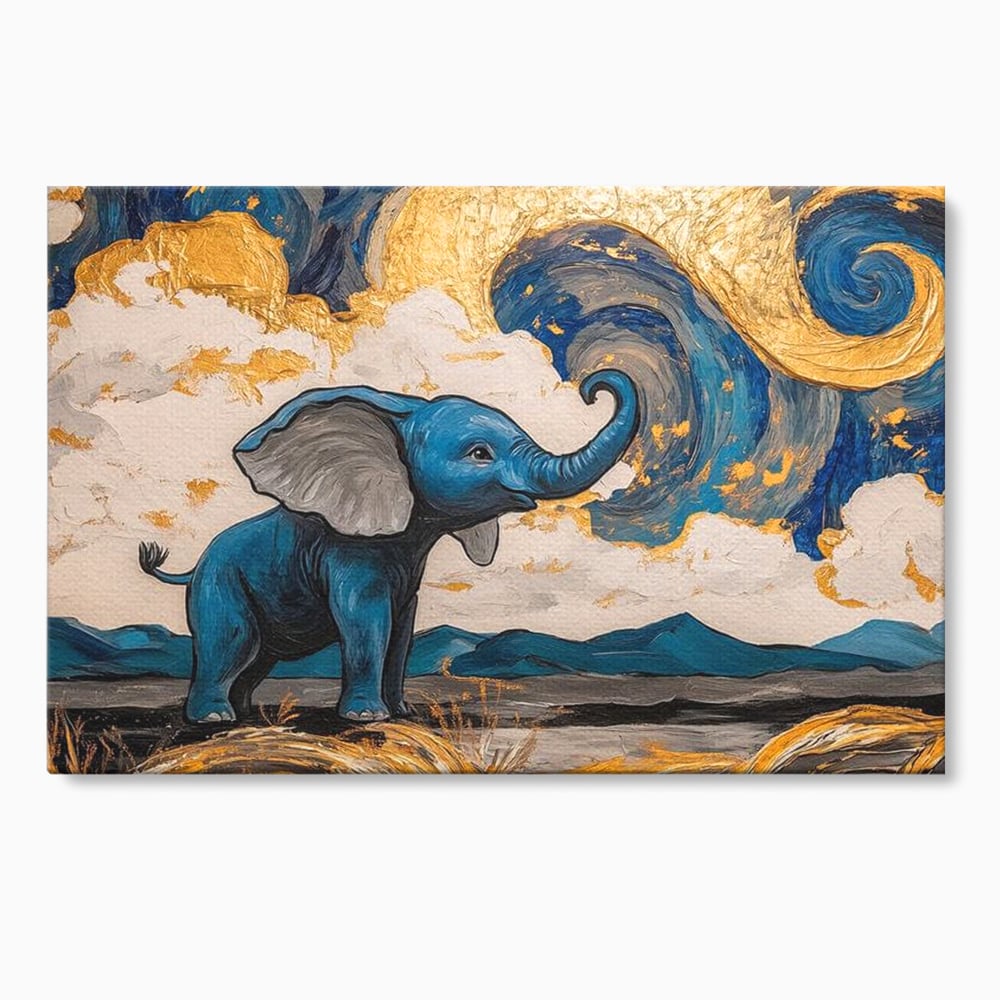 Tablou canvas cu tablou canvas cu elefant albastru, fara rama, pe sasiu de lemn